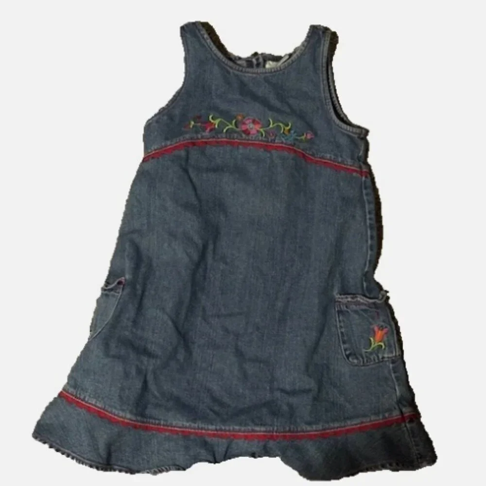 Hanna Andersson Girls Size 6-7 (120) Denim Dress Floral Embroidered Denim